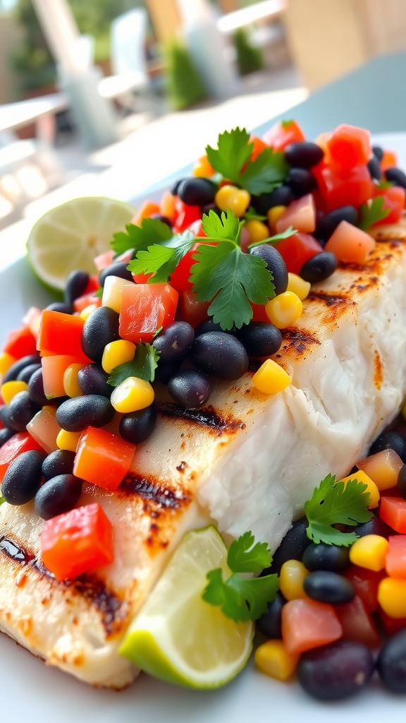 Grilled Mahi Mahi fillet served with black bean salsa, garnished with lime, on a colorful plate.